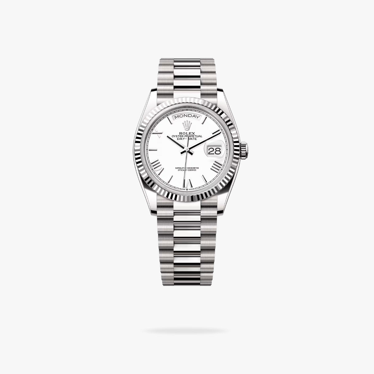 CEL-W-RL-008.png Rolex Daydate 36 mm President Fluted Bezel White Dial 128239 - Image 1