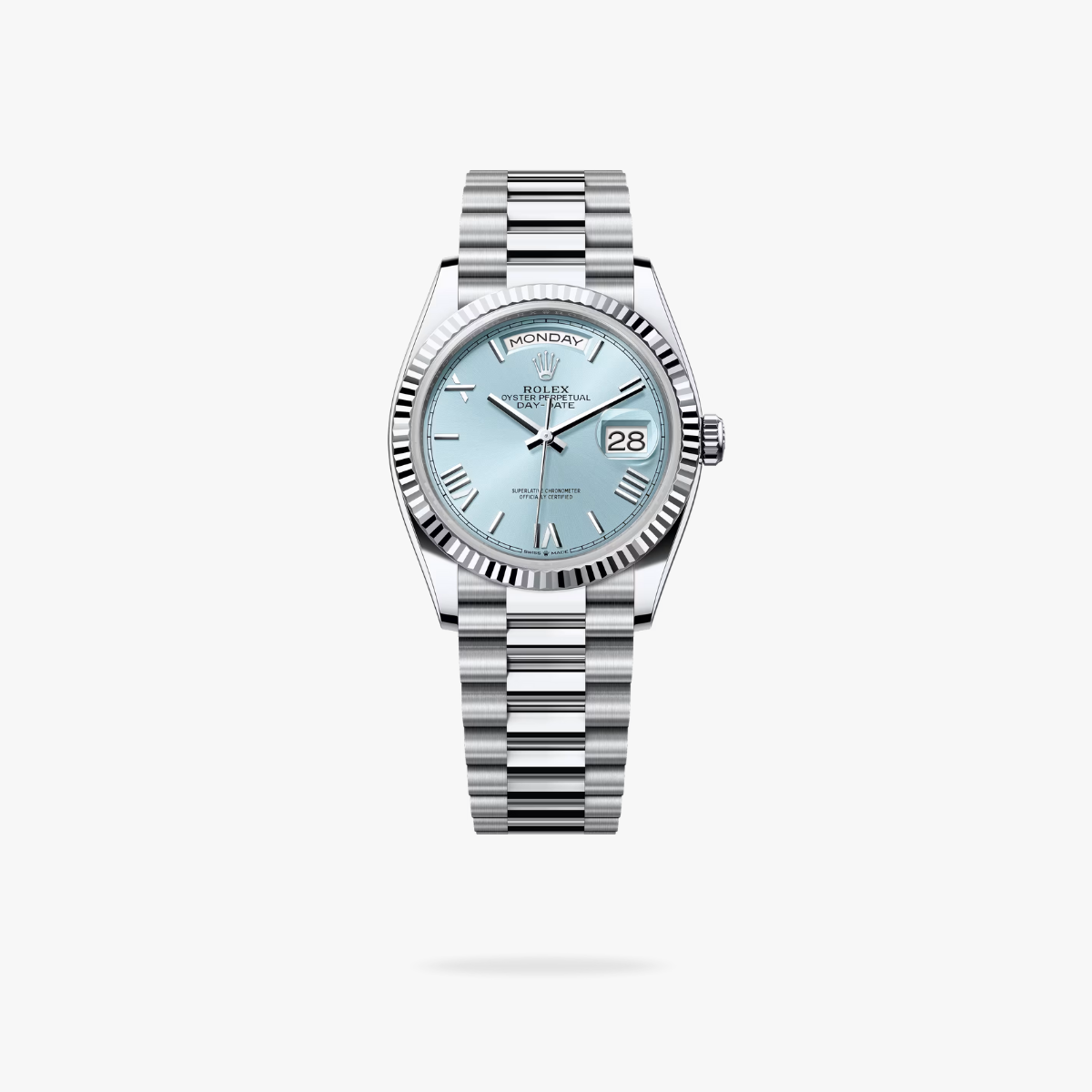 CEL-W-RL-009.png Rolex Daydate 36 mm President Fluted Bezel Ice blue Dial 128236 - Image 1