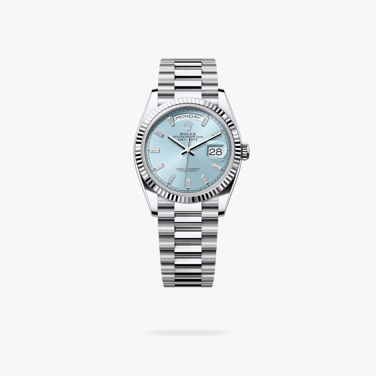 CEL-W-RL-010.png Rolex Daydate 36 mm President Fluted Bezel Ice blue Dial 128236 - Image 1