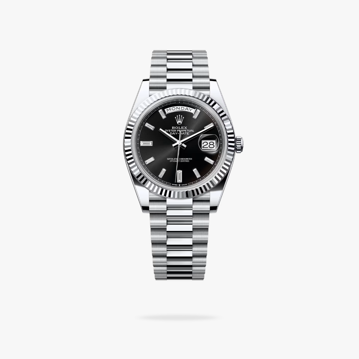 CEL-W-RL-109.png Rolex Daydate 40 mm President Fluted Bezel Bright black set with diamonds Dial 228236 - Image 1